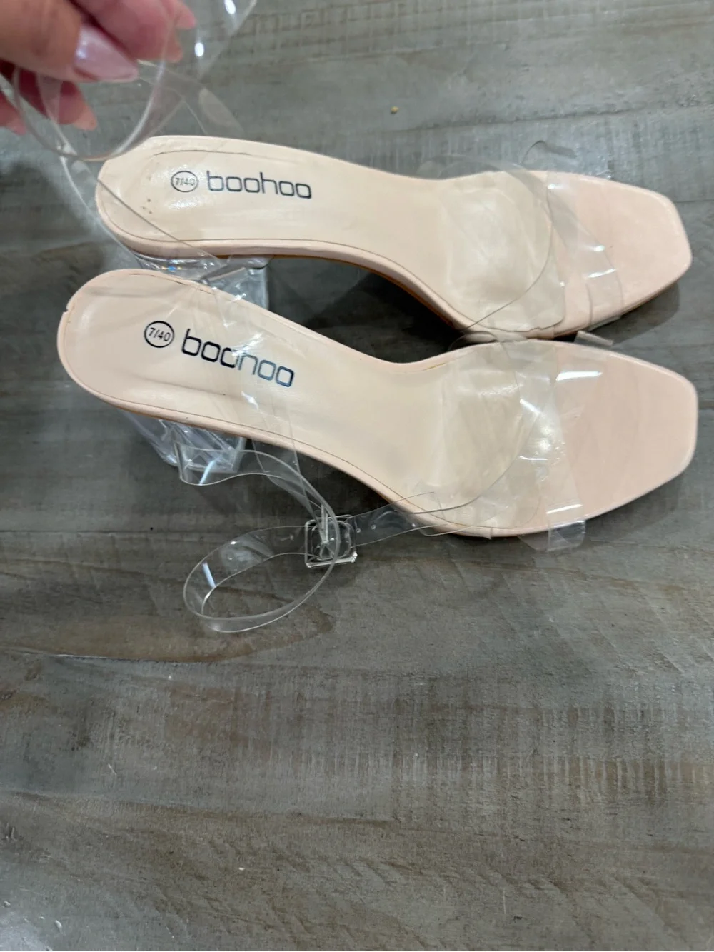 Boohoo Clear PVC Wrap Around Block Heel Sandals Nude Size 7/40